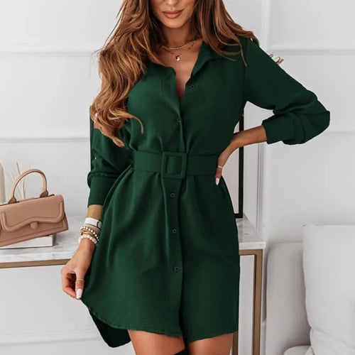 Knee-Length A-Line Slim Fit Shirt Dress with Long Sleeves