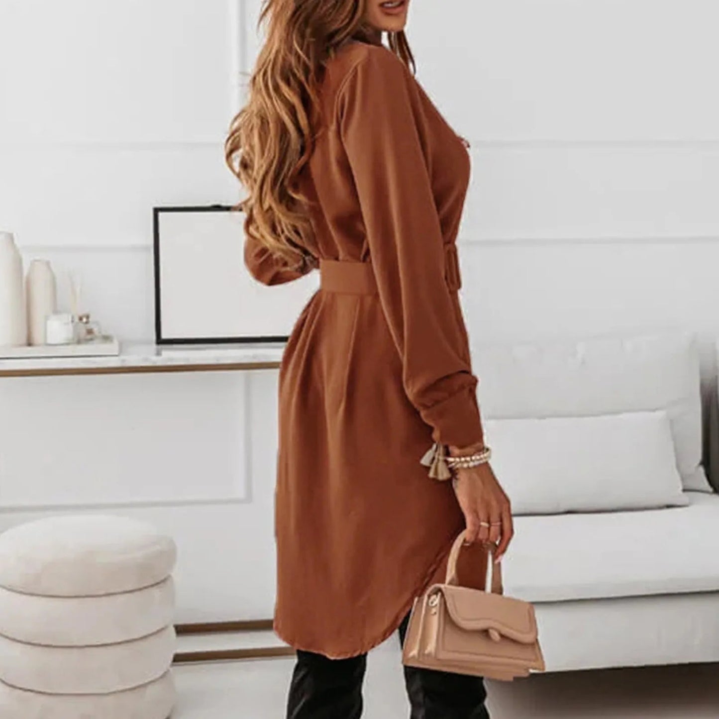 Knee-Length A-Line Slim Fit Shirt Dress with Long Sleeves