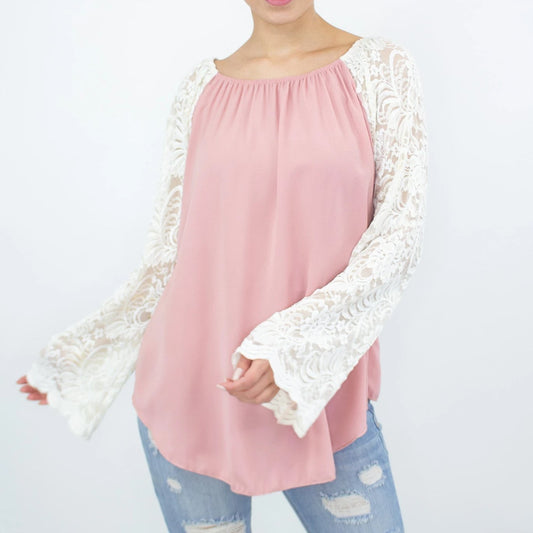 Lace Sleeve Backless Top - Rose