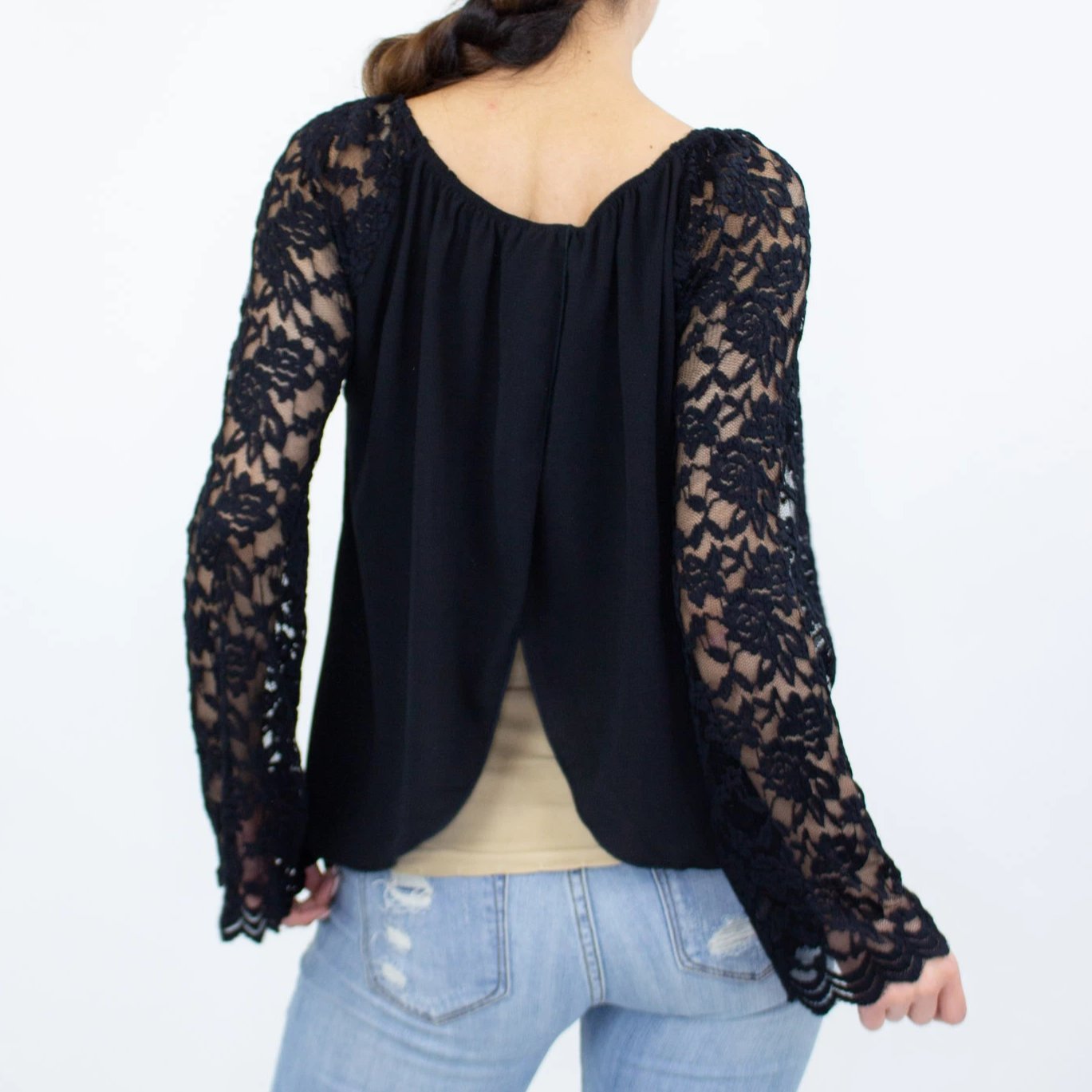 Lace Sleeve Backless Top - Black