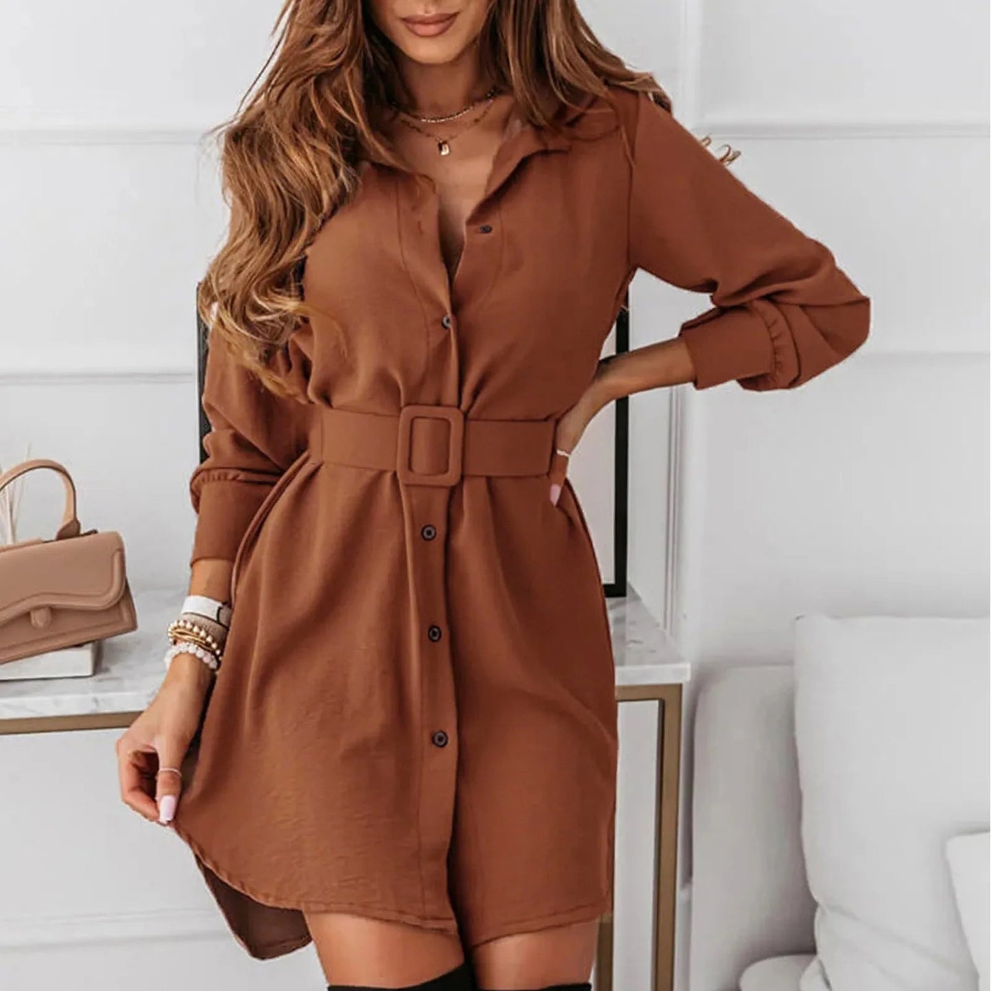 Knee-Length A-Line Slim Fit Shirt Dress with Long Sleeves