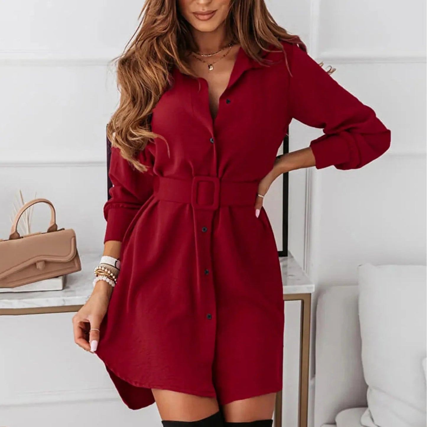 Knee-Length A-Line Slim Fit Shirt Dress with Long Sleeves